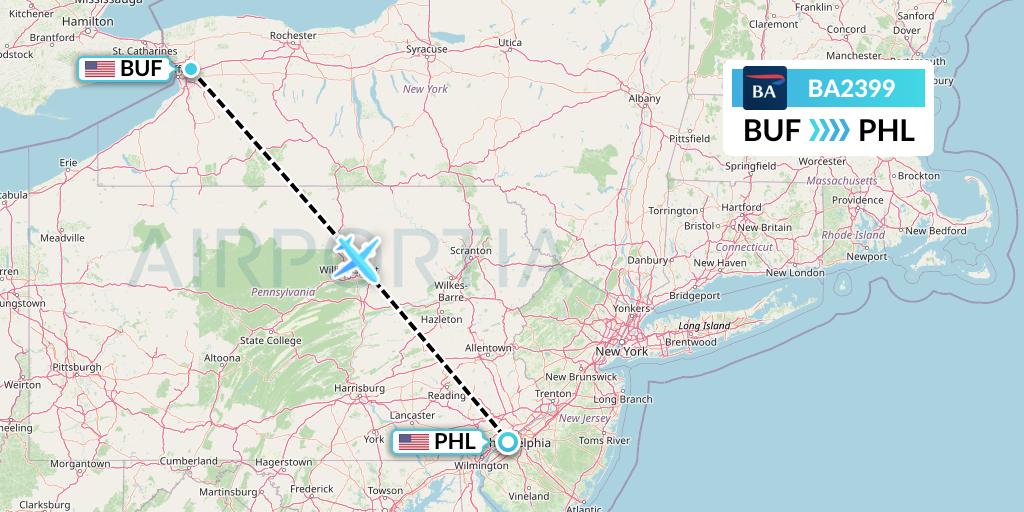BA2399 British Airways Flight Map: Buffalo to Philadelphia