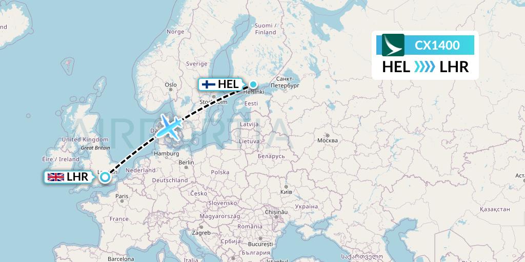 CX1400 Cathay Pacific Flight Map: Helsinki to London