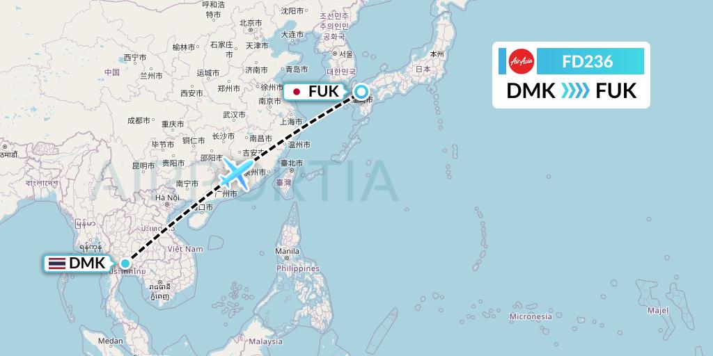 FD236 Thai AirAsia Flight Map: Bangkok to Fukuoka