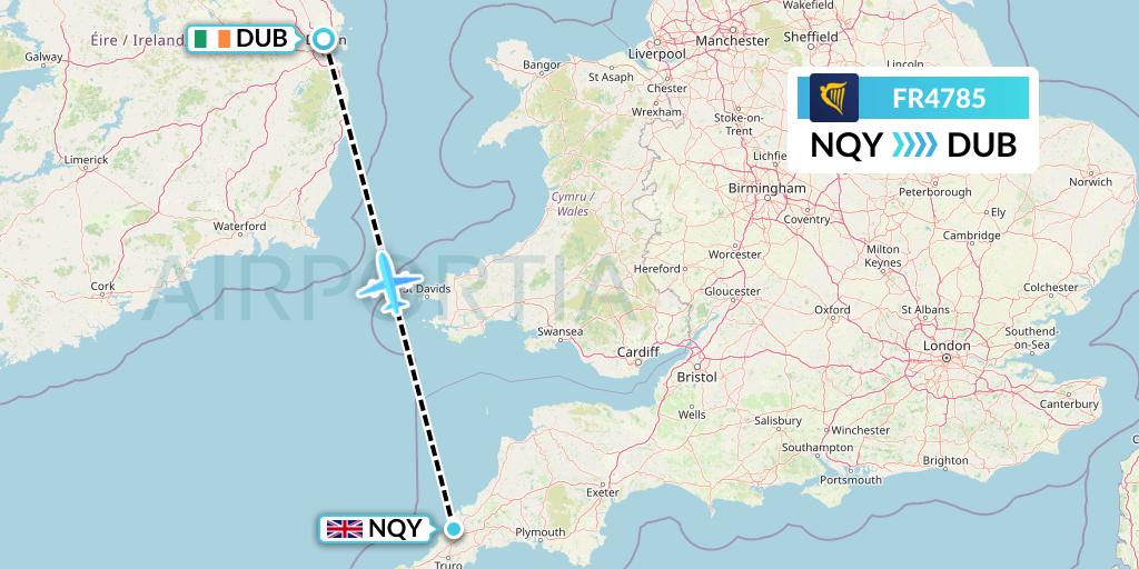 FR4785 Ryanair Flight Map: Newquay to Dublin
