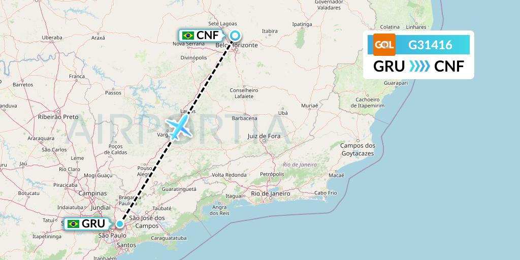 G31416 GOL Transportes Aeros Flight Map: Sao Paulo to Belo Horizonte