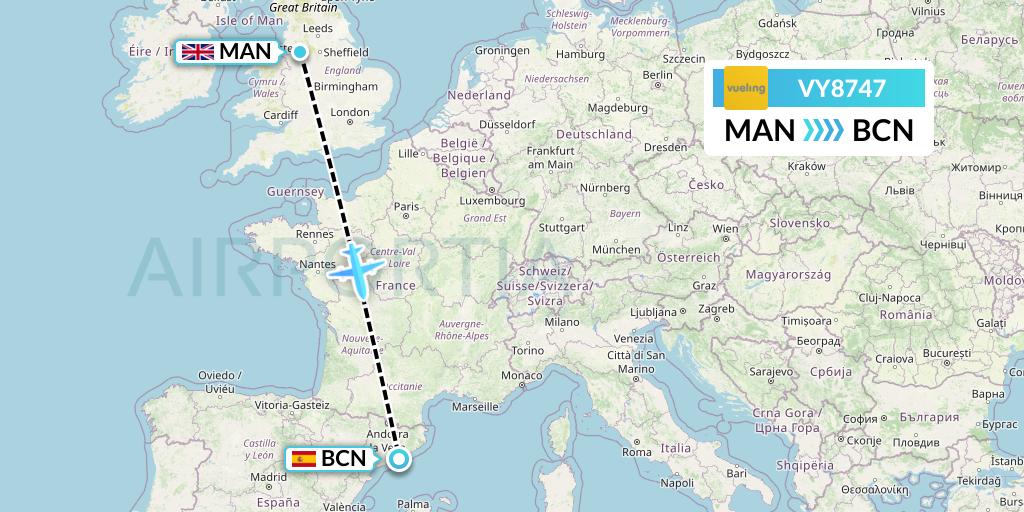 VY8747 Vueling Flight Map: Manchester to Barcelona
