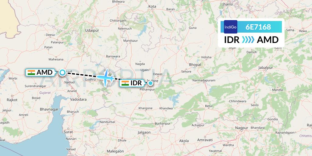 6E7168 IndiGo Airlines Flight Map: Indore to Ahmedabad