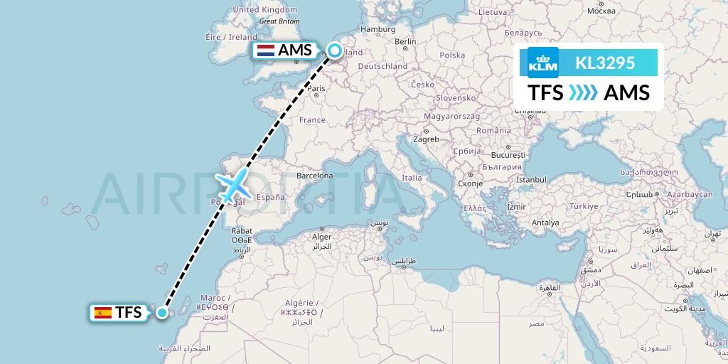 KL3295 KLM Flight Map: Tenerife to Amsterdam