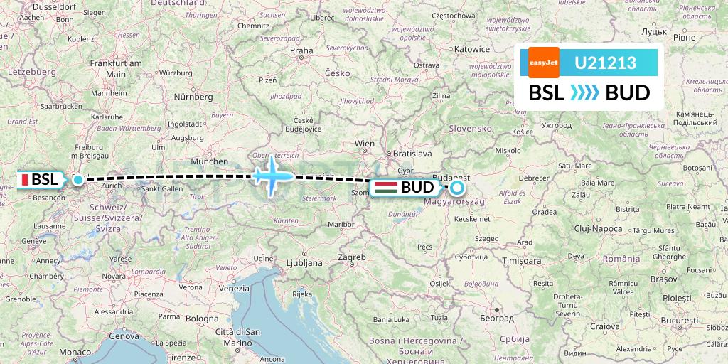 U21213 EasyJet Flight Map: Basel to Budapest