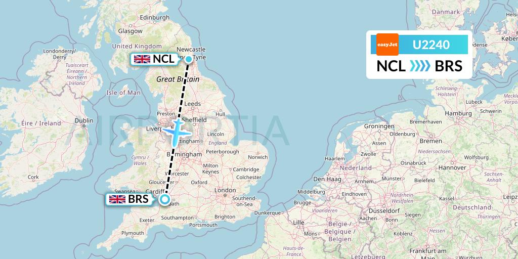U2240 EasyJet Flight Map: Newcastle to Bristol