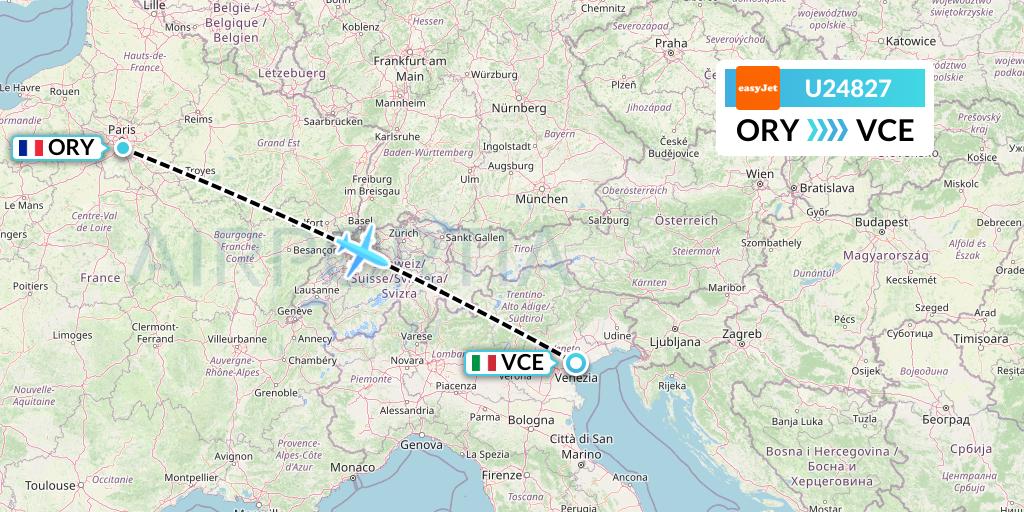 U24827 EasyJet Flight Map: Paris to Venice