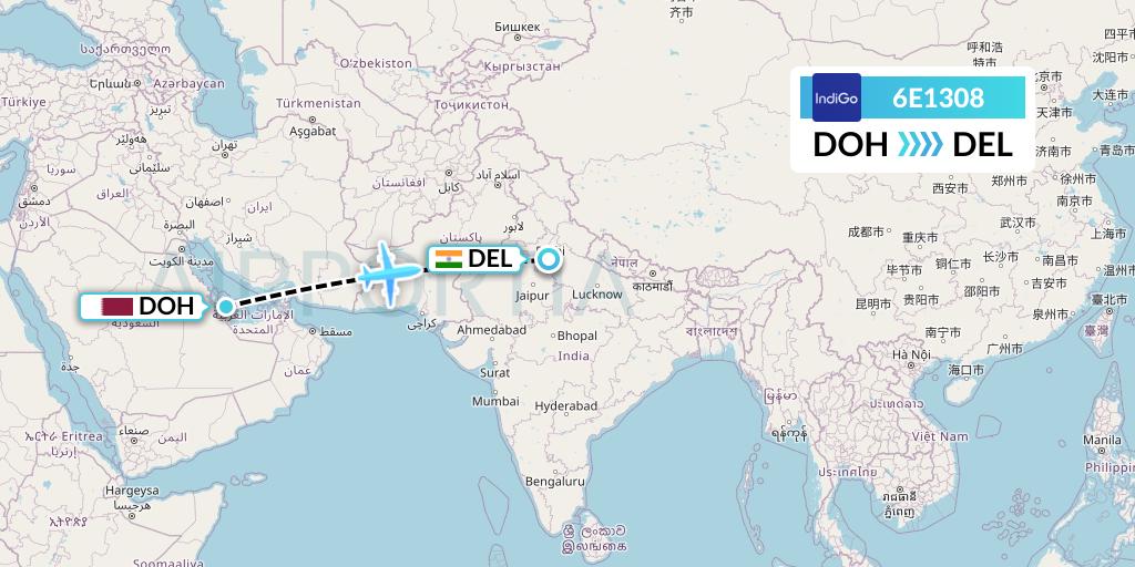 6E1308 IndiGo Airlines Flight Map: Doha to Delhi