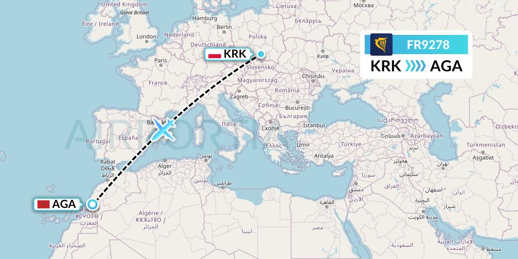 FR9278 Ryanair Flight Map: Krakow to Agadir