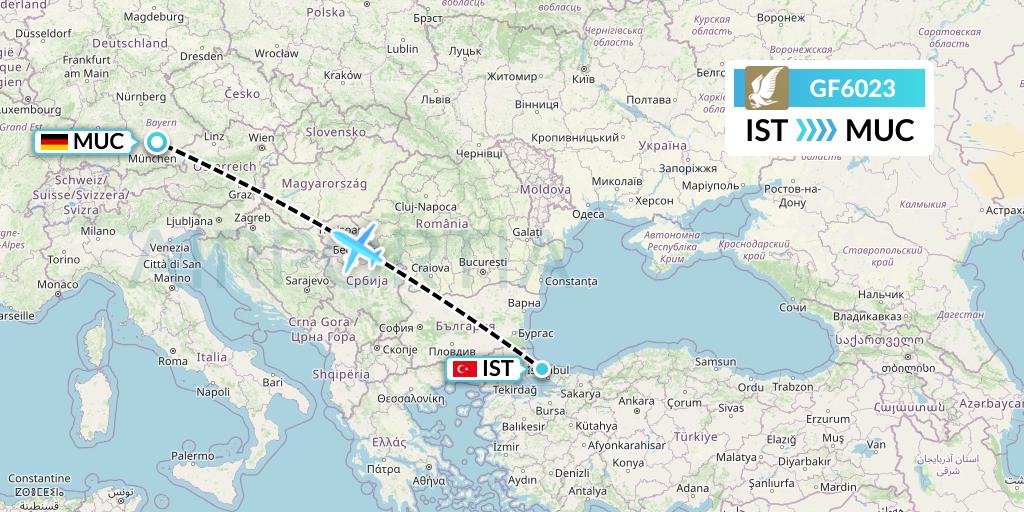 GF6023 Gulf Air Flight Map: Istanbul to Munich