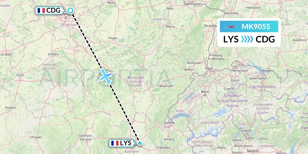 MK9055 Air Mauritius Flight Map: Lyon to Paris