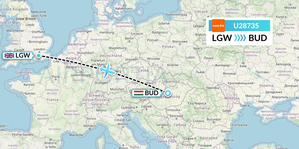 U28735 EasyJet Flight Map: London to Budapest