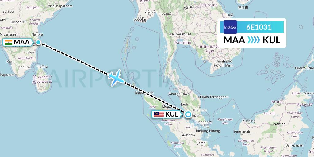 6E1031 IndiGo Airlines Flight Map: Chennai to Kuala Lumpur