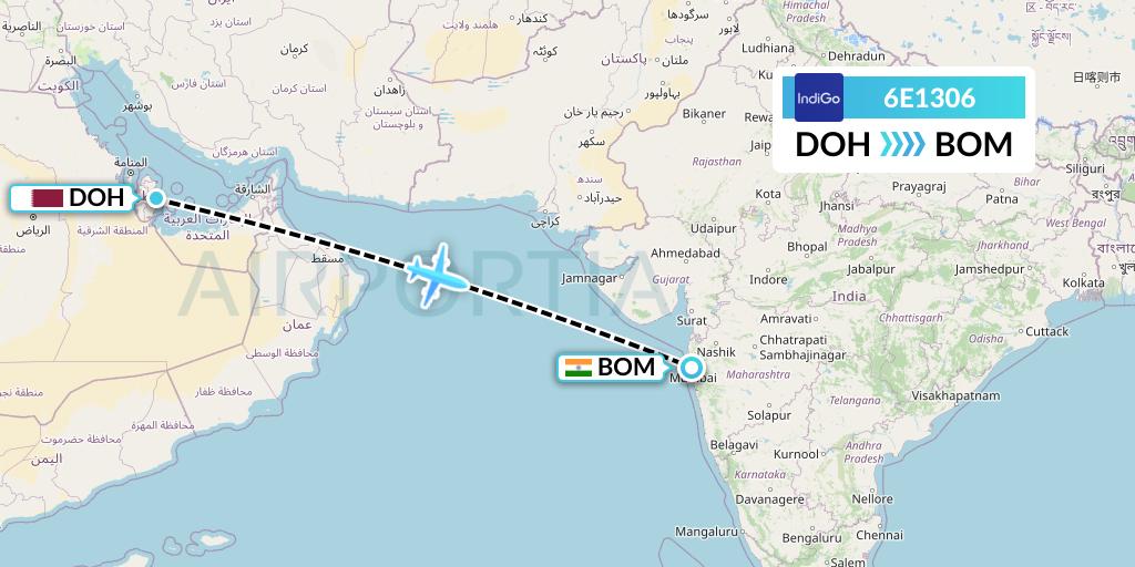 6E1306 IndiGo Airlines Flight Map: Doha to Mumbai