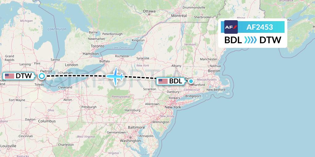 AF2453 Air France Flight Map: Windsor Locks to Detroit