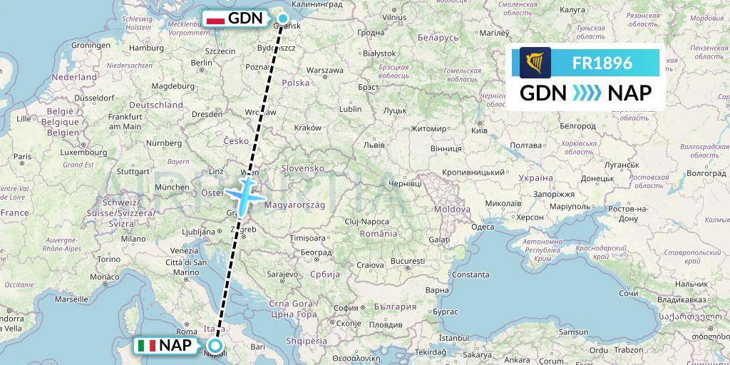 FR1896 Ryanair Flight Map: Gdansk to Naples
