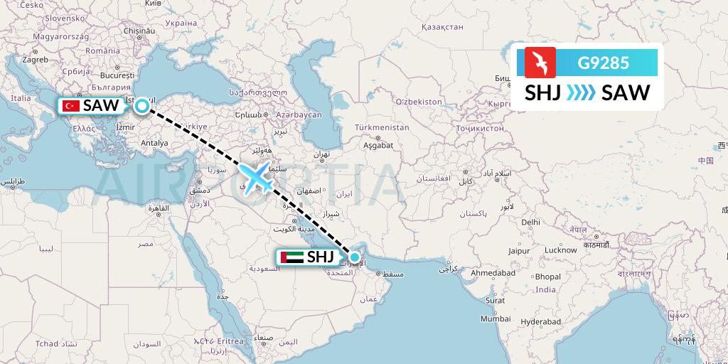 G9285 Air Arabia Flight Map: Sharjah to Istanbul