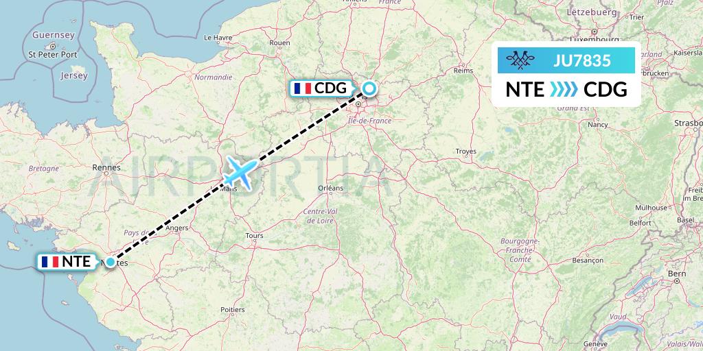 JU7835 AirSERBIA Flight Map: Nantes to Paris