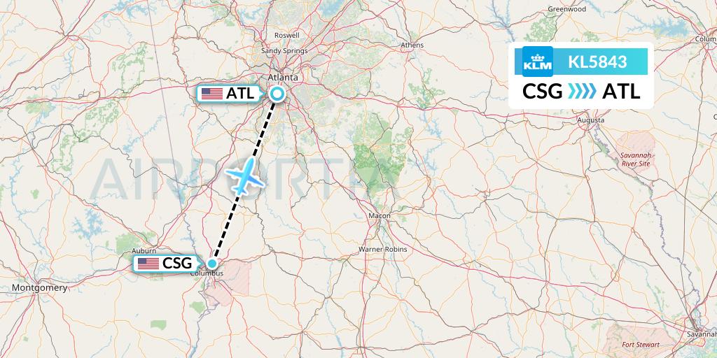 KL5843 KLM Flight Map: Columbus to Atlanta