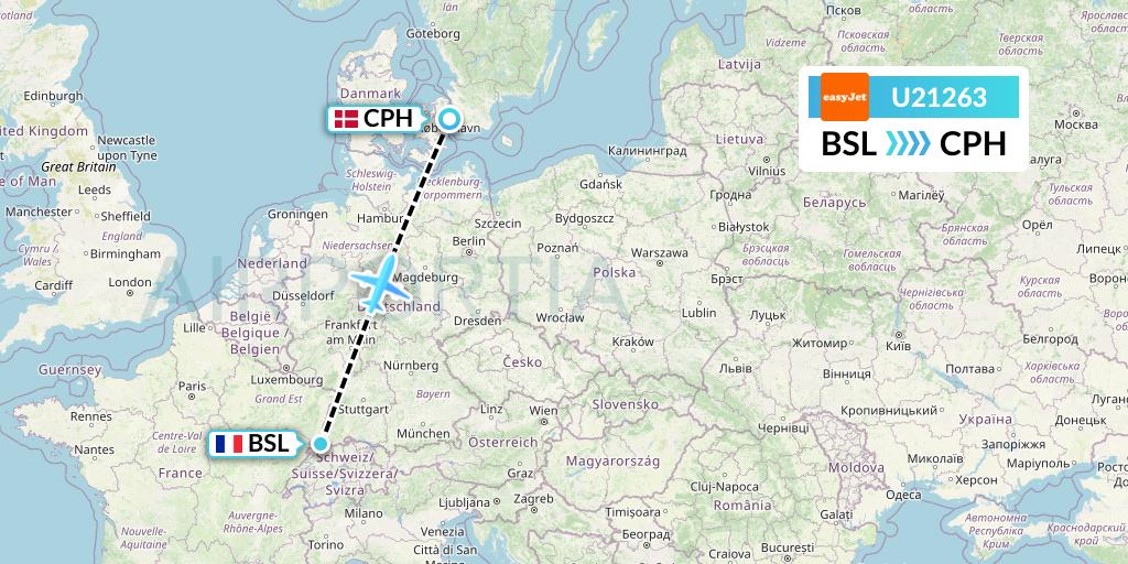 U21263 EasyJet Flight Map: Basel to Copenhagen