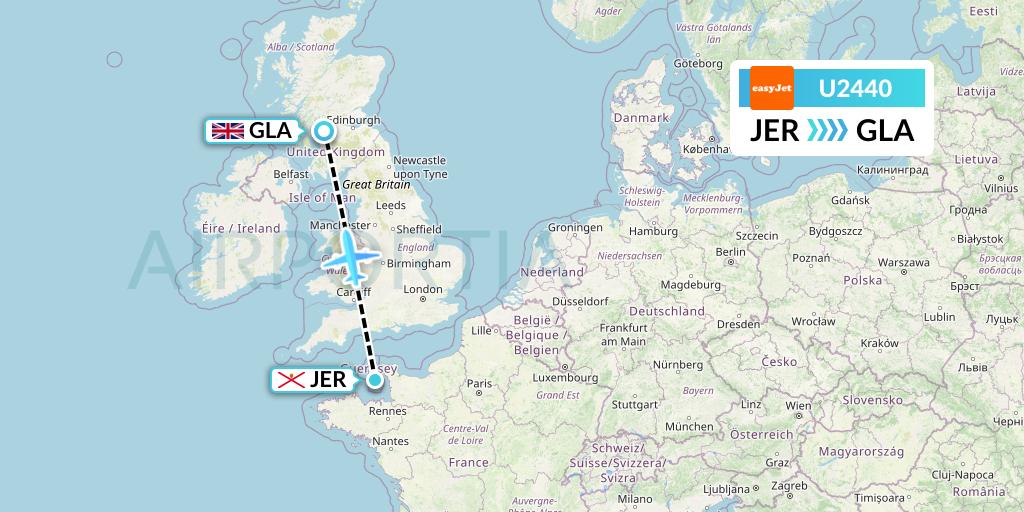 U2440 EasyJet Flight Map: Jersey to Glasgow
