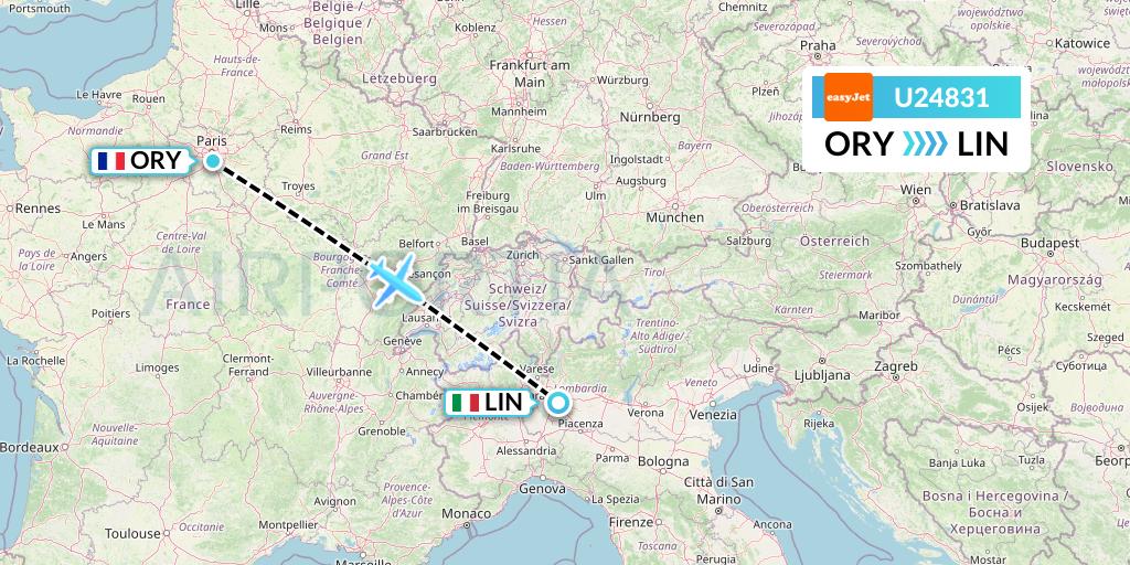 U24831 EasyJet Flight Map: Paris to Milan