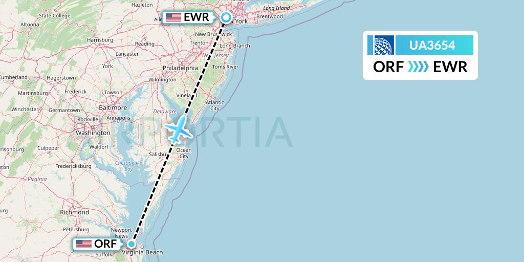 UA3654 United Airlines Flight Map: Norfolk to New York