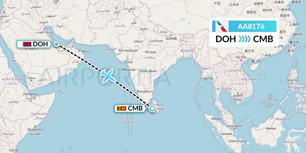 AA8176 American Airlines Flight Map: Doha to Colombo