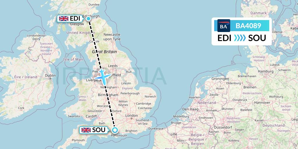 BA4089 British Airways Flight Map: Edinburgh to Southampton