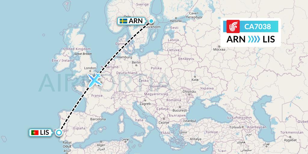CA7038 Air China Flight Map: Stockholm to Lisbon