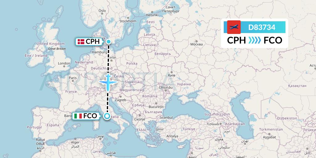 D83734 Norwegian Air International Flight Map: Copenhagen to Rome