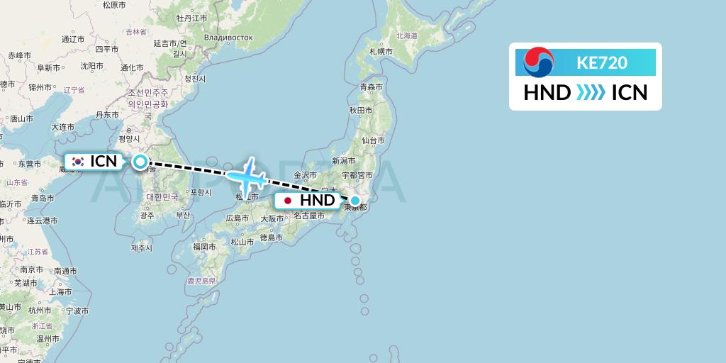 KE720 Korean Air Flight Map: Tokyo to Seoul