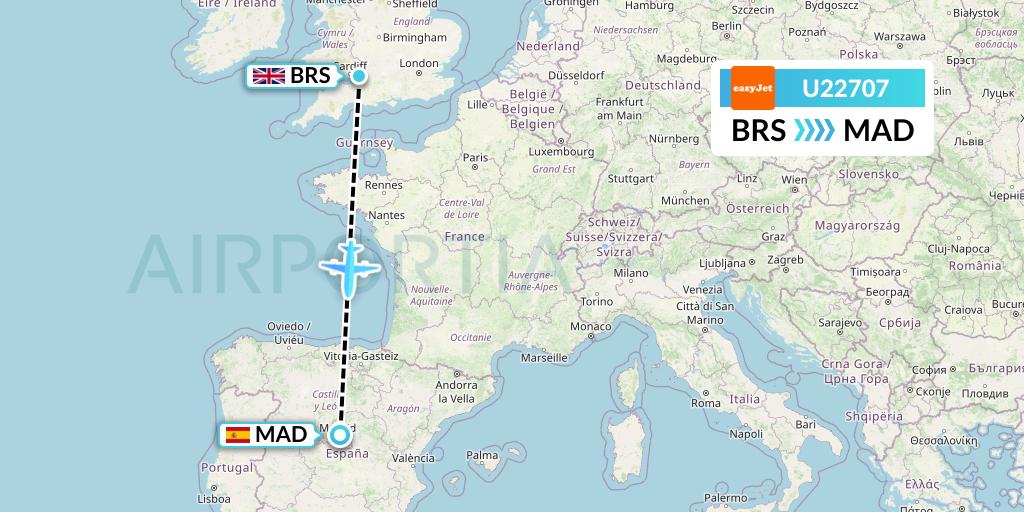 U22707 EasyJet Flight Map: Bristol to Madrid