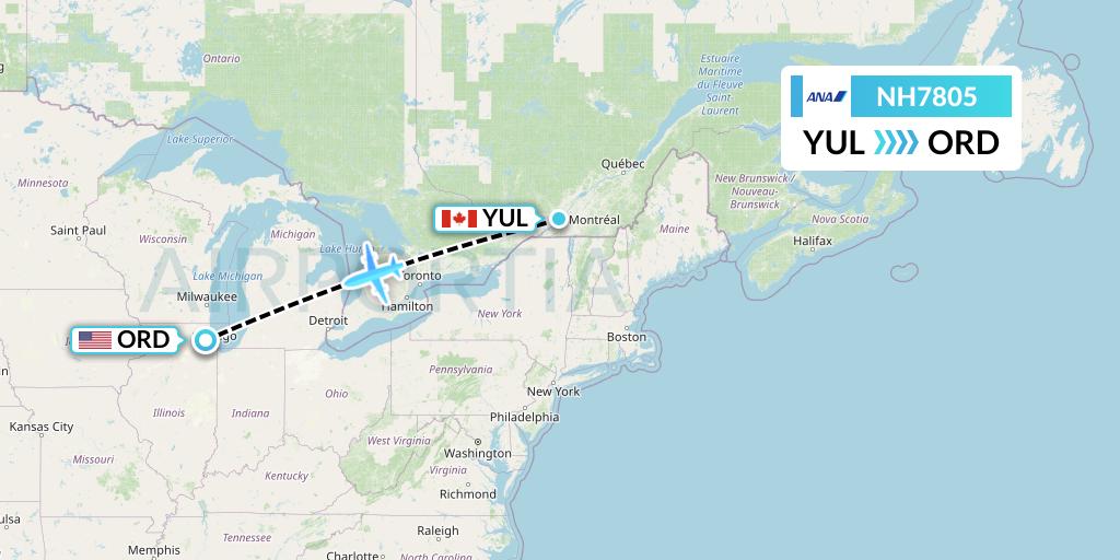 NH7805 All Nippon Airways Flight Map: Montreal to Chicago