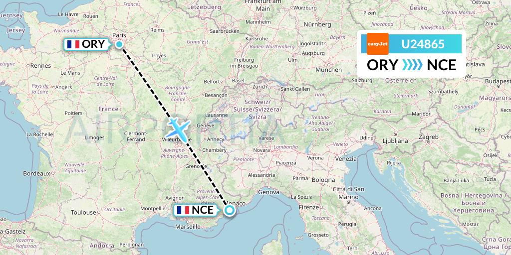 U24865 EasyJet Flight Map: Paris to Nice