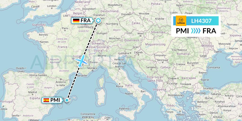 LH4307 Lufthansa Flight Map: Palma de Mallorca to Frankfurt