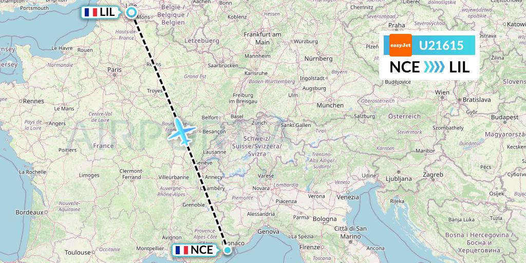 U21615 EasyJet Flight Map: Nice to Lille