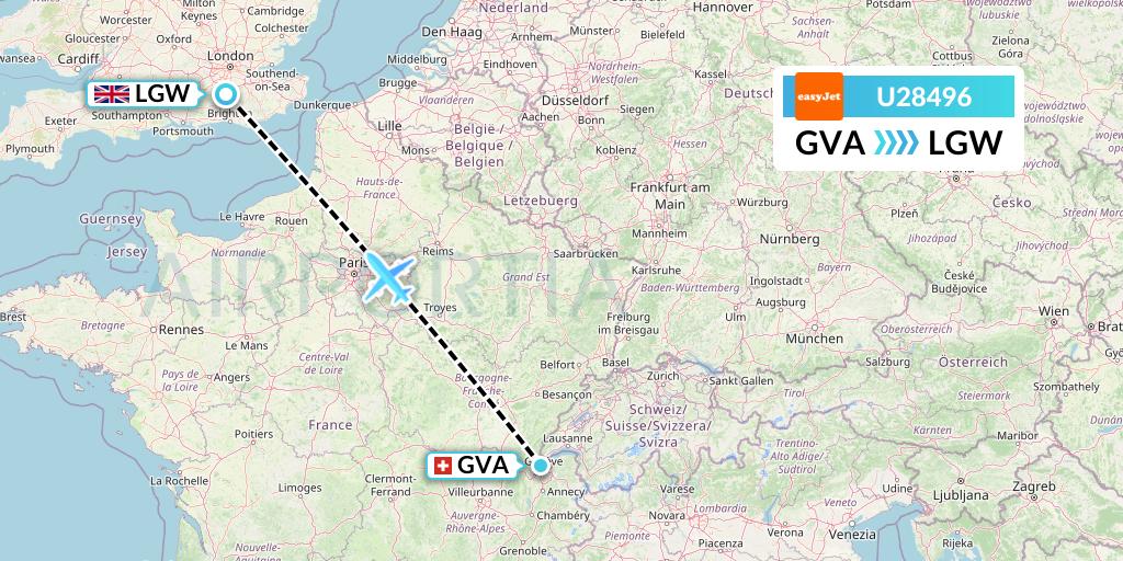 U28496 EasyJet Flight Map: Geneva to London