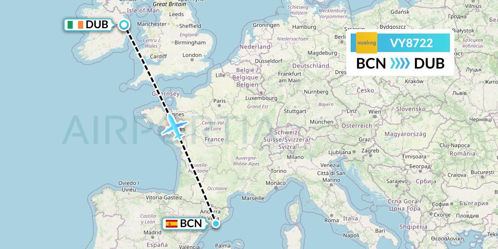 VY8722 Vueling Flight Map: Barcelona to Dublin