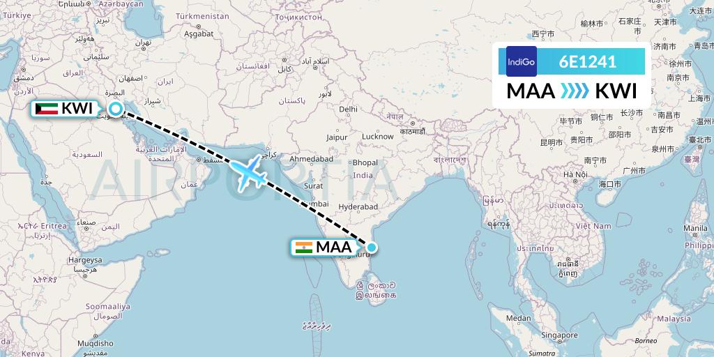 6E1241 IndiGo Airlines Flight Map: Chennai to Kuwait City