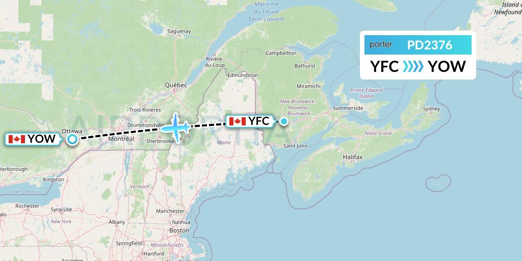 PD2376 Porter Airlines Flight Map: Fredericton to Ottawa