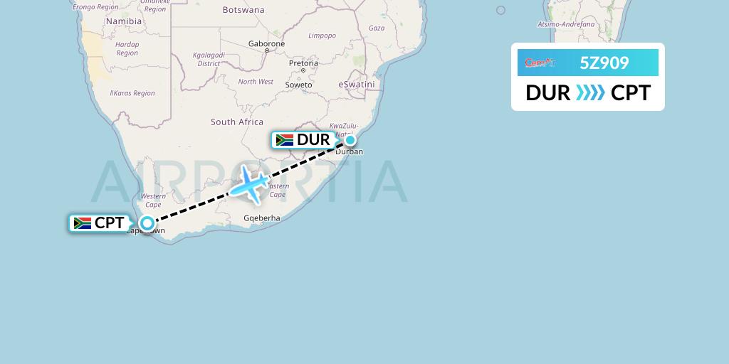 5Z909 CemAir Flight Map: Durban to Cape Town