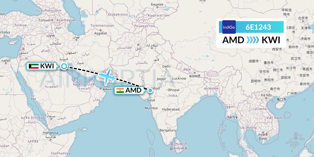 6E1243 IndiGo Airlines Flight Map: Ahmedabad to Kuwait City