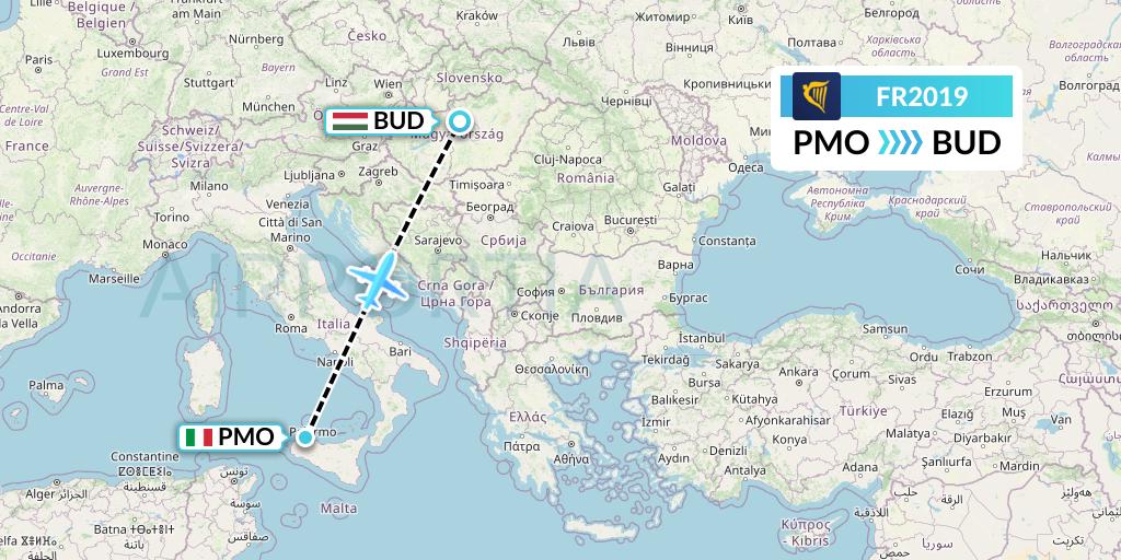FR2019 Ryanair Flight Map: Palermo to Budapest