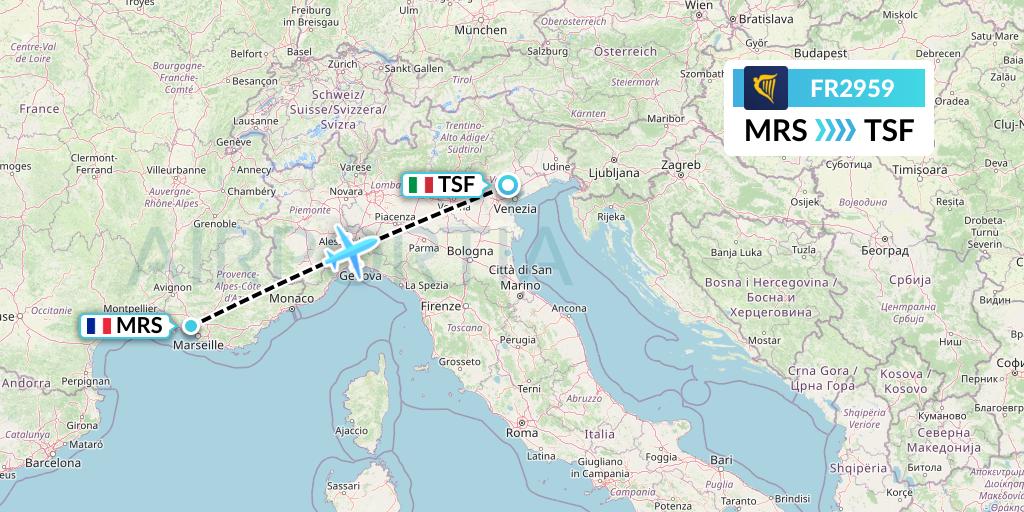 FR2959 Ryanair Flight Map: Marseille to Treviso
