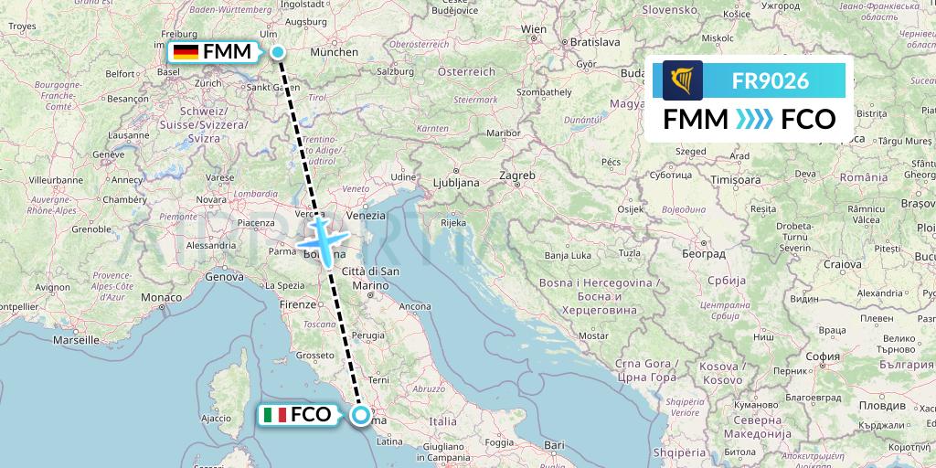 FR9026 Ryanair Flight Map: Memmingen to Rome
