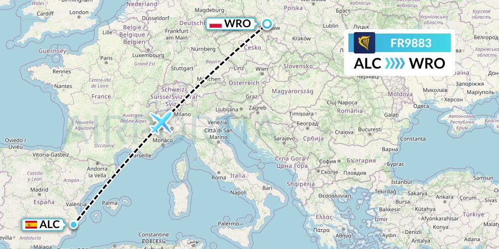 FR9883 Ryanair Flight Map: Alicante to Wroclaw