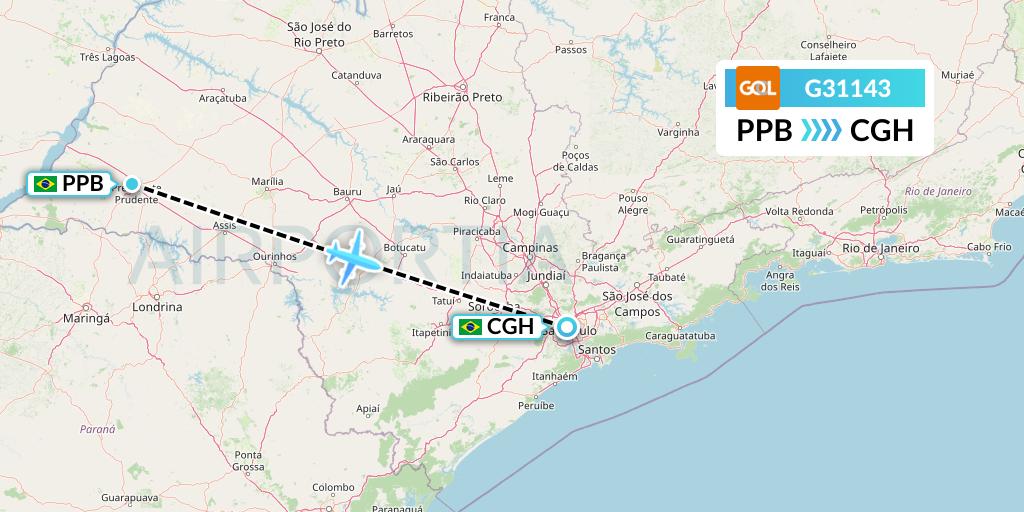 G31143 GOL Transportes Aeros Flight Map: Presidente Prudente to Sao Paulo