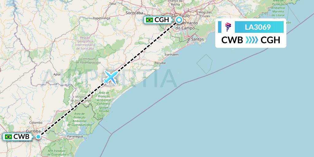 LA3069 LAN Airlines Flight Map: Curitiba to Sao Paulo