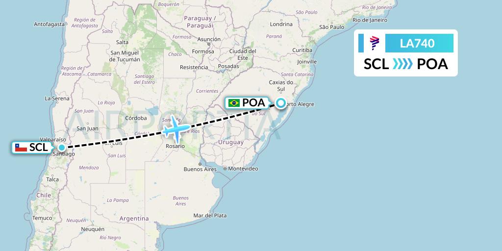 LA740 LAN Airlines Flight Map: Santiago to Porto Alegre
